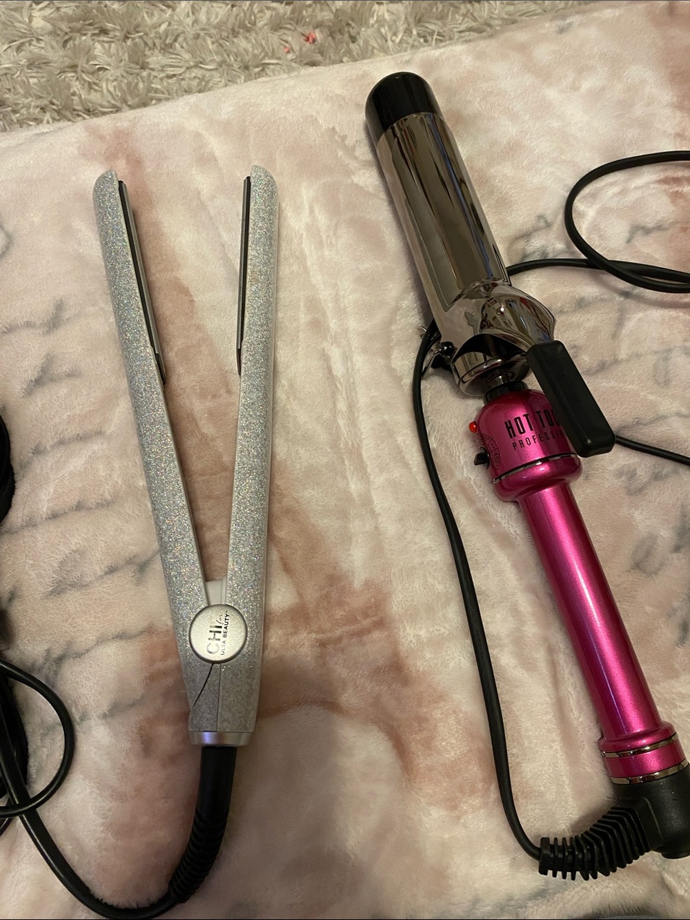 CHI Glitter Silver Flat Iron & Hot Tools Pink Curling Iron Set